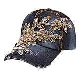 BCDshop Women Rhinestone Flower Baseball Cap Summer Lady Blue Retro Denim Hats (C)