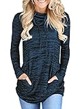 Womens Long Sleeve Cowl Neck Casual Loose Tunic Pullover Sweatshirt Lightweight Blouse Tops with Pockets Blue M 8 10