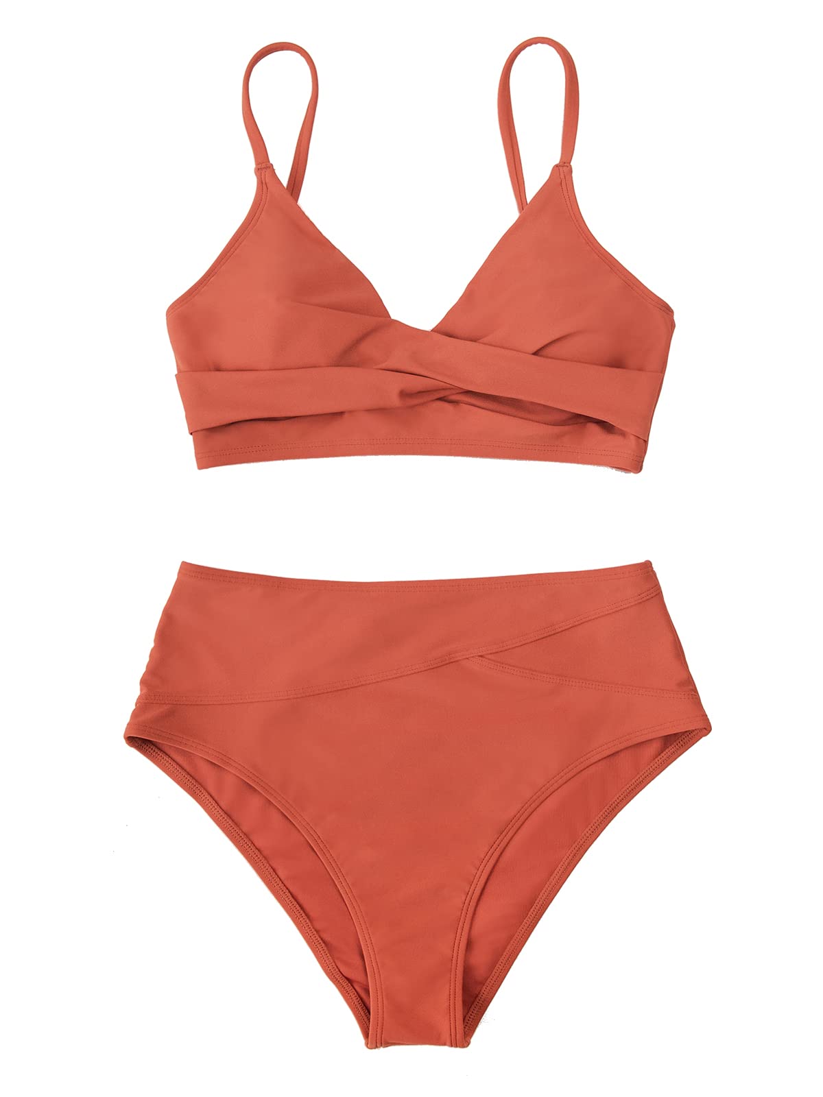 CUPSHE Women's Bikini Sets Two Piece Swimsuit High Waisted V Neck Twist Front Adjustable Spaghetti Straps Bathing Suit, L Brick Red - Image 4