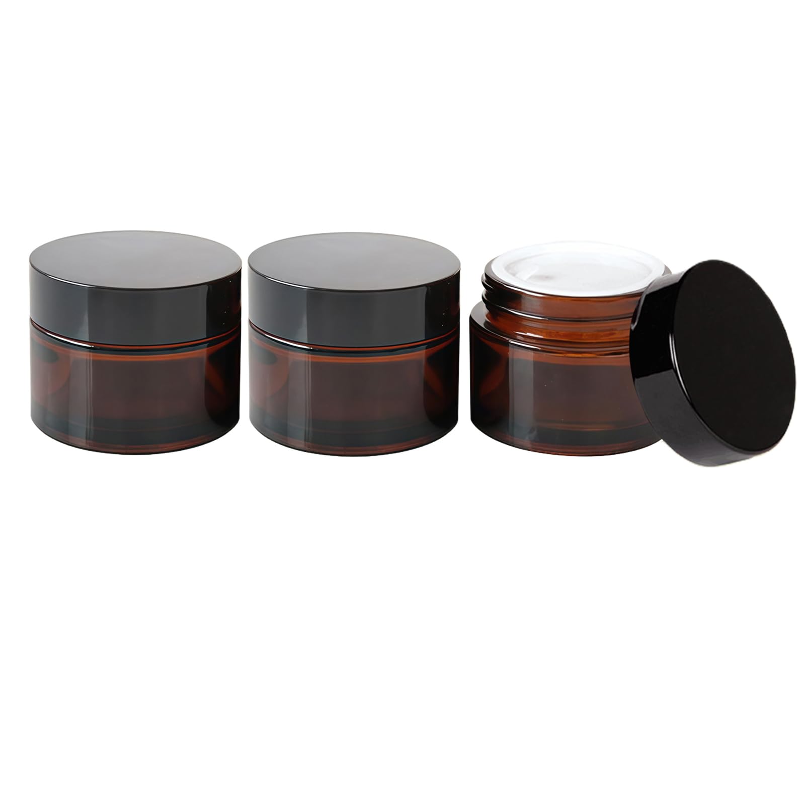 3 Pcs Amber Glass Jars Refillable Cosmetic Sample Bottles Jar Empty Face Cream Lip Balm Lotion Essential Oils Storage Container Pot Bottle With Inner Liners and Black Lids (50ml)