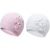 Vivobiniya Toddler and Baby Girl Winter Knit Flower Hats Infant Beanie Pink and White 0-6Y