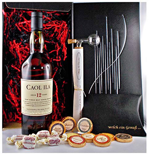Geschenk Caol Ila 12 Jahre Islay Single Malt Whisky + Glaskugelportionierer + Edelschokoladen + Fudge