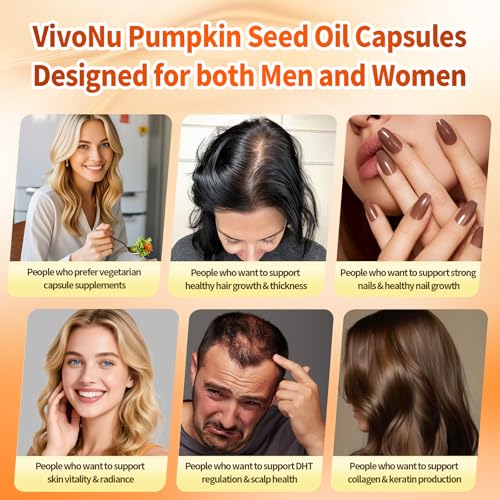 VivoNu Pumpkin Seed Oil with Saw Palmetto Capsules | 300 Count| 33 in 1 Vitamin C D3 B12 E A, Castor, Zinc, Biotin, Iron, Peppermint | Hair Growth & DHT Blocker for Women Men