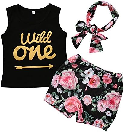 Calsunbaby Baby Girl T-Shirt Clothes Wild One Vest and Floral Pants Outfits with Bowknot Headband (Black, 12-18 Months)