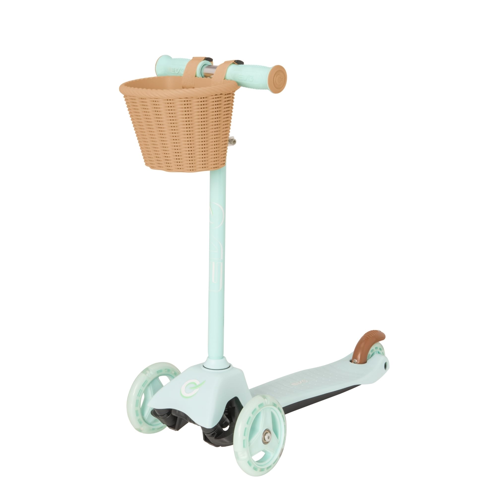 EVO Mini Cruiser 3-Wheel Scooter with Toy Basket – Mint Green | Kids Kick Push Ride-On with Adjustable Handlebar | Toddler Balance Scooter for Boys & Girls Ages 2–5