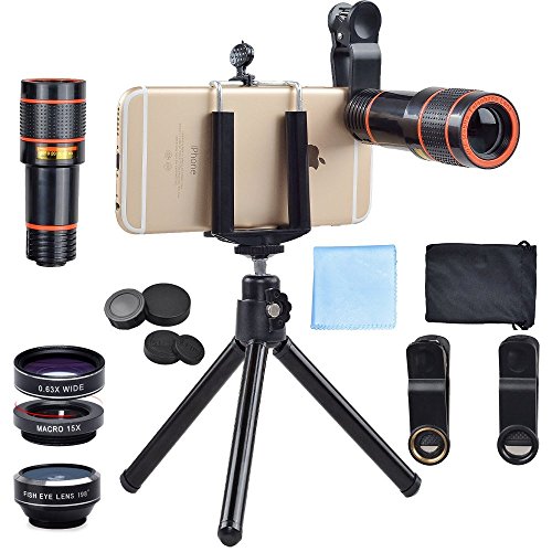 Apexel 4 in 1 Camera Lens Kit(12x HD Optical Zoom Lens, 198 Fisheye,0.63x Wide Angle,15x Macro, Mini Tripod & Phone Holder) for iPhone 8/ 7/ 6/6s plus Samsung HTC Tablet Andriod Phone