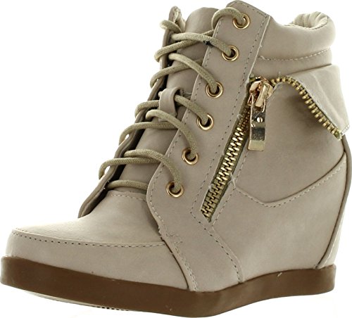 Lucky Top Girls Peter30 Kids Fashion Leatherette Lace-Up High Top Wedge Sneaker Bootie,Beige,13