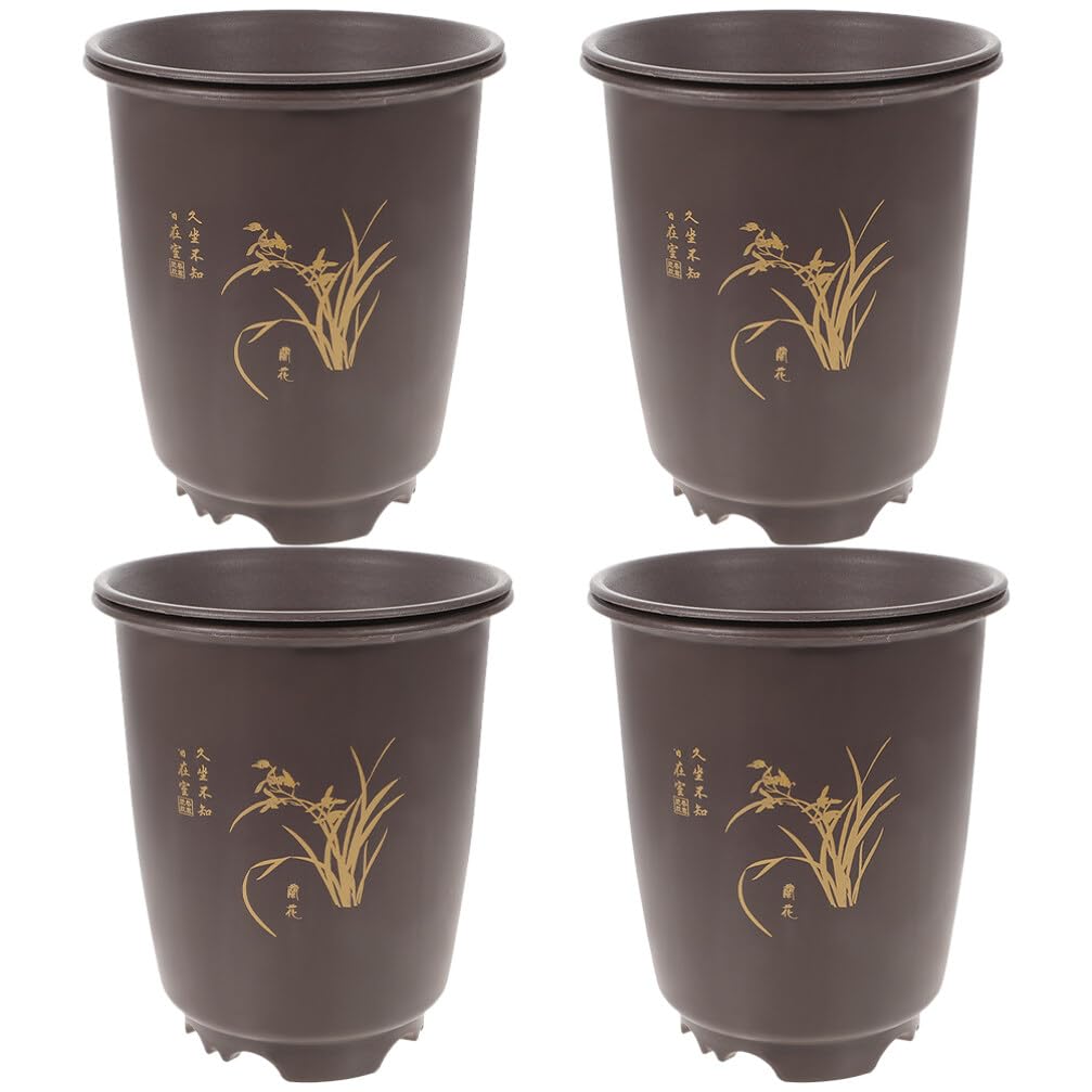 GANAZONO 4 Sets of Orchid Pot Oriental Flower Pot Large Planter Bonsai Pot Nursery Planter Decorative Planter with Drainage Holes Vintage Chinese Plant Pot with Saucer for Decor