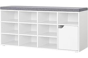 DINZI LVJ Shoe Bench, Entryway Storage Bench with Door and 10 Cubbies, Cubby Shoe Rack with Adjustable Shelves, Shoe Organizer Cabinet for Living Room, Bedroom, Mudroom, Closet and Garage, White