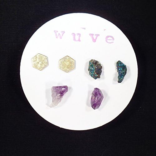 Amethyst, Peacock Ore and Brass Textured Hexagons - Raw Gemstone and Brass Stud Earring Trio - Rough Gems - Post Earrings - Natural Jewelry
