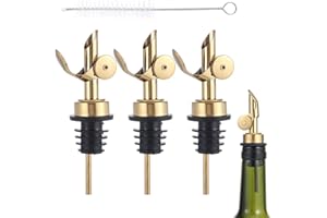 beyonday 3pcs Self Closing Liquor Bottle Pourers - Gold, Auto Flip Wine Bottle Stoppers with Rubber Dust Cap & Cleaning Brush