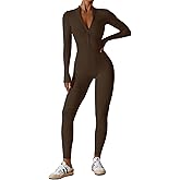 ECUPPER Women Long Sleeve Bodycon Jumpsuits Workout Zip Up Unitard One Piece Full Bodysuits Sexy Yoga Rompers Pants