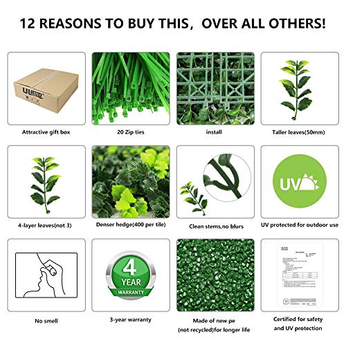 ULAND Artificial Hedges Faux Boxwood Panels Mint Leaves Fence Privacy Screen Panels  Decorative Trellis 20"x 20" (12 Pack) - Easy to Install - UV Protection - Fire Retardant - No Maintenance - Thumbnail 3