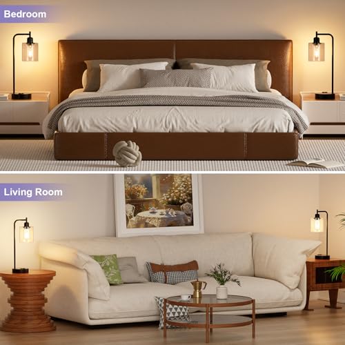 Industrial Touch Table Lamps Set of 2-3-Way Dimmable Bedside Lamps with USB C+A Ports and Outlet,Black Nightstand Lamps for Living Room,Glass Shade & 2 LED Bulbs Included