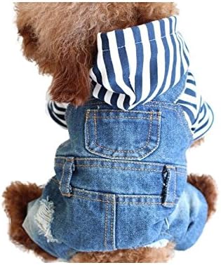 SAWMONG Pet Dog Clothes Jeans Jacket Jumpsuits Winter Warm Cozy Fleece Coat One-piece striped Hoody Apparel for Small and Medium Dogs