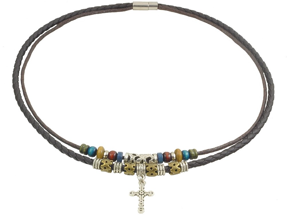 Boho Double-Layer Leather Cord Necklace with Cross Pendant and Beads – 40cm Inner Cord, Metal Plug Clasp, Handmade Jewelry for Men and Women