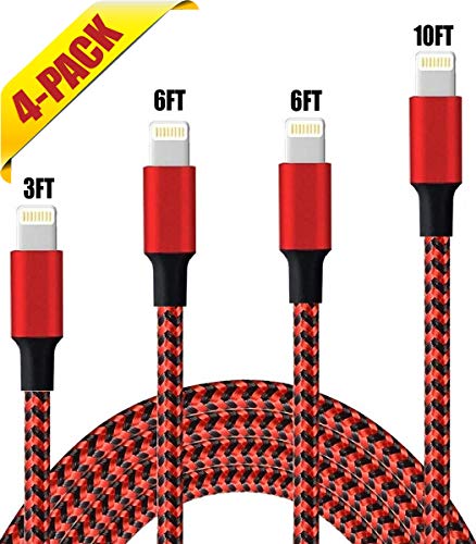 iPhone Charger, Charging Cable, 4Pack 3FT 6FT 6FT 10FT to USB Syncing Data and Nylon Braided Cord Charger Compatible with iPhone/XS/XR/X/8/8 Plus/7/7 Plus/6S/6 Plus/iPad iPod More (Black&red)