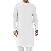 Runcati Mens Cotton Kaftan Robe Long Sleeve Button Down Henley Shirts Thobe Casual Side Split Gown Shirt