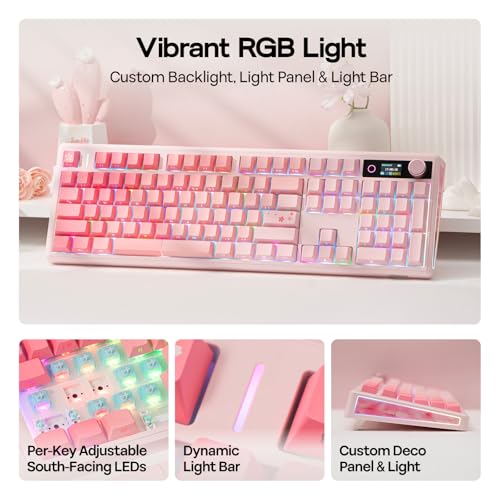 EPOMAKER TH108 V2 PRO Full Size Mechanical Keyboard with Screen&Knob, 10000mAh, BT/2.4Ghz, Mac Modifier PBT Keycap, Hot Swap, RGB, Gasket, Wireless Gaming Keyboard for Mac/PC (Pink, Creamy Jade)