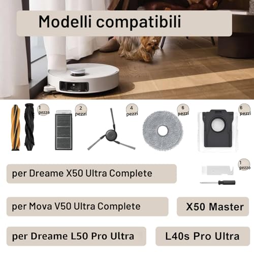 Replacement Accessories for Dreame X50 Ultra Complete/L50 Pro Ultra/X50 Master/L40s Pro Ultra/Mova V50 Ultra Complete, 1 Main Brush, 6 Bags, 6 Mop Cloths, 2 Hepa Filter, 4 Side Brushes