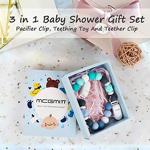 Baby Pacifier Clip, MCGMITT Silicone Teether Beads Binky Holder Teething Relief BPA Free for Girls Boys, 2 Pack Shower Gift Set (Turquoise+Blue)
