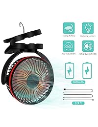 Battery Operated Clip Fan with Hanging Hook, Portable USB Desk Fan With Bright LED Light, Camping Lantern Fan, Rechargeable 3600mAh Battery Fan,Wall Fan, Mini Quiet Fan for Stroller Home Office Travel