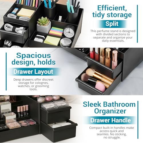 SEOSI Cologne Organizer for Men,Bathroom Organizers Shaving Tools Men,Perfume Organizer with Drawer,Dresser Organizer Countertop for Men's Bedroom Essentialsnd storage, bathroom decor (Black, Medium)