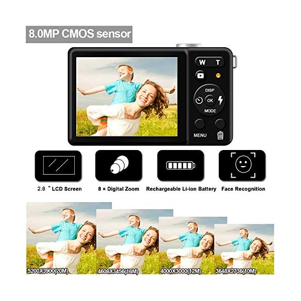 Kompakte Digitalkamera, wiederaufladbar, 20 MP, Kinderkamera mit 7,1 cm (2,8 Zoll) LCD-Display, 8-facher Digitalzoom für… – Bild 3