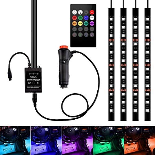 Car LED Strip Light 4pcs 48 LED Led Underdash Lighting Kits DC 12V LED Interior Lights with Sound Active Function and Wireless Remote Control, Car Charger Included
