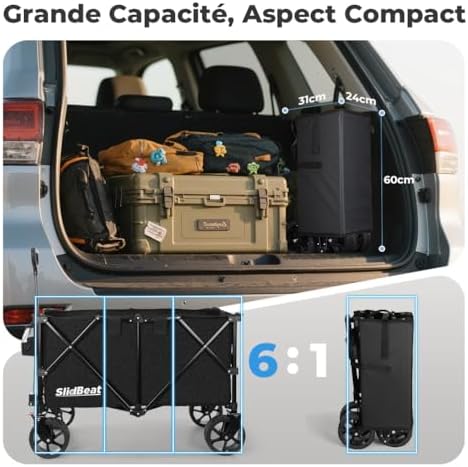Chariot de Plage 220-330L, 200KG Chariot de Transport Pliable avec Roues Pivotantes à 360°, XXL Chariot de Jardin à Poignée à Rebond Automatique Tout Terrain avec Freins, pour Pêche Camping