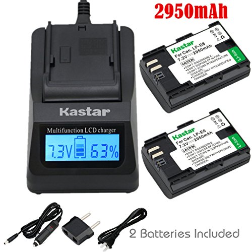 Kastar Fast Charger and Battery 2X for LP-E6 LP-E6N, EOS 60D 60Da EOS 70D XC10, EOS 5D Mark II 5D Mark III 5D Mark IV, EOS 5DS 5DS R, EOS 6D 7D Mark II, BG-E14 BG-E13 BG-E11 BG-E9 BG-E7 BG-E6