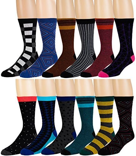 Men's Pattern Dress Funky Fun Colorful Socks 12 Assorted Patterns Size 6-12 (Variation E)
