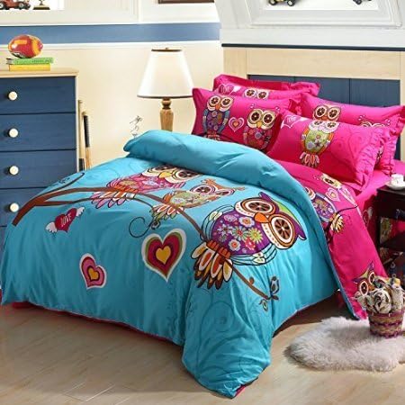 Joubuy Home Textile Cute Owl Love Bedding Owl Bedding for Girls Queen Twin Size Duvet Cover Set Queen Twin Size 4 Pieces 100% Cotton (Queen)