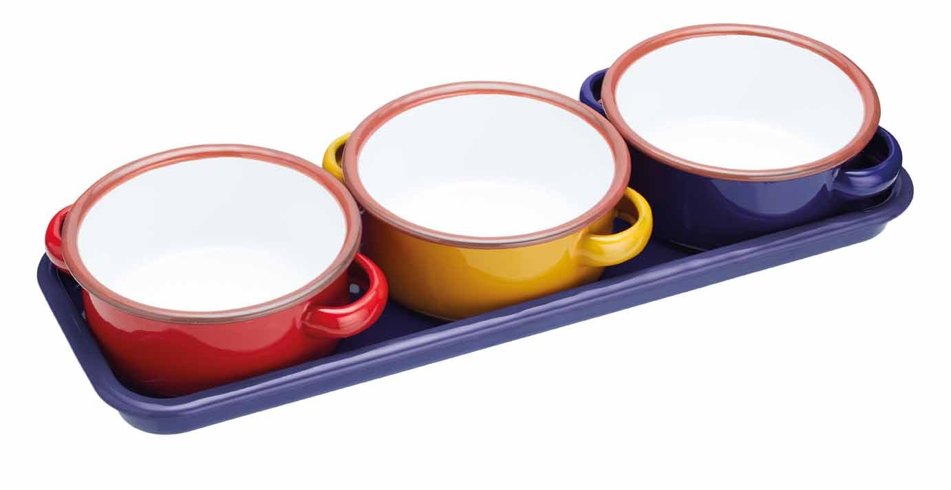 KitchenCraft World of Flavours Enamel Serving Dishes/Tapas Bowls with Tray, 11 cm (4.5") - Multi-Colour (Set of 3)
