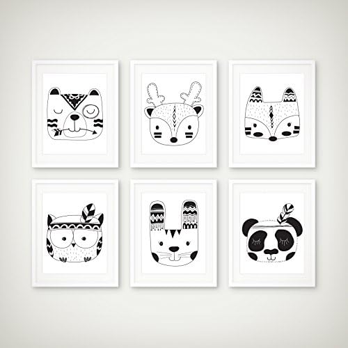 Woodland Tribal Black and White Art Print Set of 6 - Woodland Nursery Art Print - Wall Art - Children's Wall Art