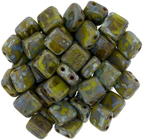 CzechMate 6mm Square Glass Czech Two Hole Tile Bead - Opaque Olive Picasso