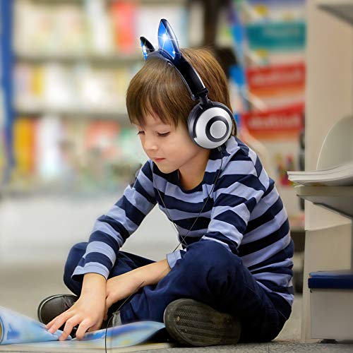 Esonstyle Kids Headphones Over Ear with LED Glowing Cat Ears,Safe Wired Kids Headsets 85dB Volume Limited, Food Grade Silicone, 3.5mm Aux Jack, Cat-Inspired (led cat Ear Kids Headphones-Black)