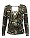OQC Women's Camo Shirts Camouflage Print Choker V Neck Long Sleeve Lace Up Slim Tops Blouse