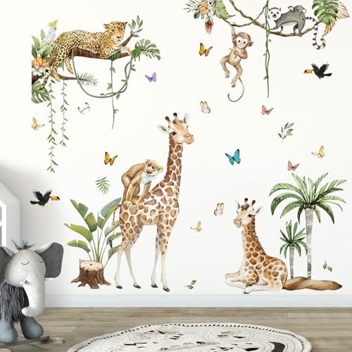 3 Piece Set Spring Forest Animals Wall Stickers, Leopard Giraffe Monkey Peel and Stick Animal Wall Art Decals for Baby Nursery, Kids Bedroom, Living Room