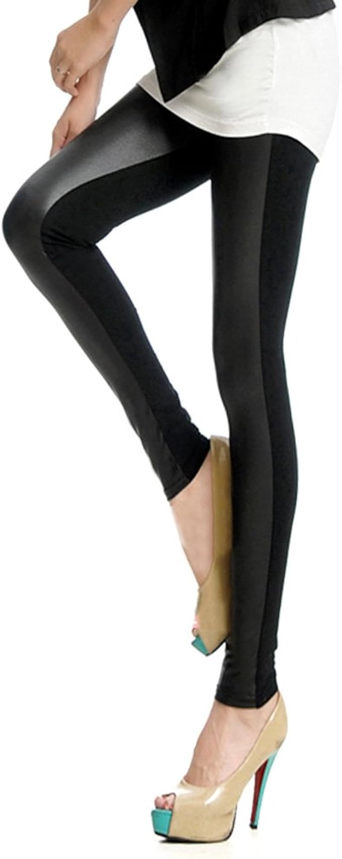 Download Amazon.com: LOCOMO Women Half Faux Leather Front Lycra ...