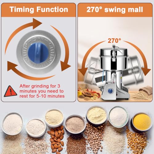 Electric Grain Mill Grinder, 2500g 2000W Coffee Bean Grinder Superfine Mill for Herb Spice Nut Cereal, 30s High-Speed Grinding with Overload Protection 5-8min Timer 32000RPM for Wheat Dry Food Kitchen