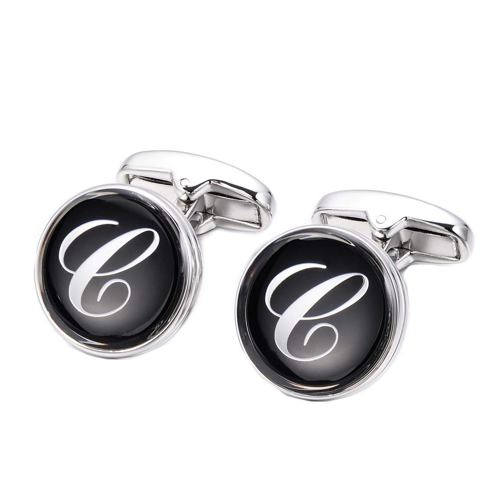 MERIT OCEAN Mens Letter Initial Cufflinks Alphabet Rhodium Plated Cuff Links Wedding Business A-Z (C)
