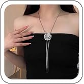 Zeshimb Long Chain Lariat Necklaces Silver Flower Drop Y Necklace Rose Floral Pendant Sliding Necklace Adjustable Box Link Chain Y Necklace Sweater Chain Statement Necklace Jewelry for Women