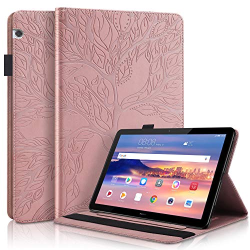 Succtop Huawei Mediapad T5 10 Case PU Leather Flip Wallet Card Slot Multifunction Tablet Protective Case Standing Function and Pen Holder for Huawei Mediapad T5 10 10.1 Inch 2018, Rose Gold