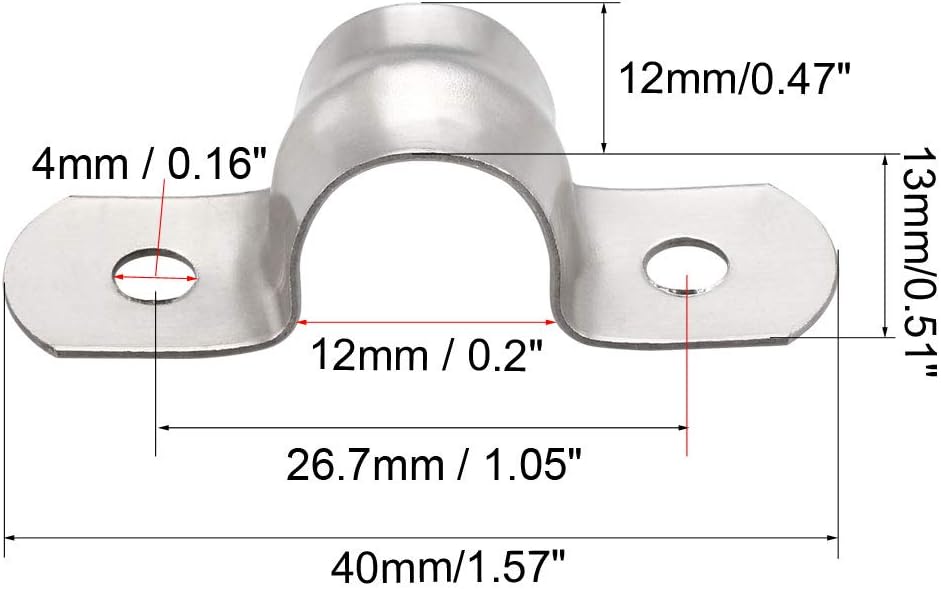 sourcing map 12mm(0.5") Rigid Pipe Strap, 2 Holes 304 Stainless Steel Tension Tube Clip Clamp 10pcs, Silver - Image 3