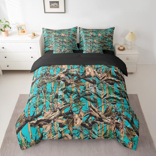 Feelyou Tree Branches 7 Pieces Bedding Set, for Kids Wild Hunting Leaf Bed Set King Size Botanical Tree Bed in a Bag with Comforter, Sheets, Pillowcases Bedroom Decor Nature Theme Teal Brown