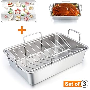 TeamFar Roasting Pan, 15 Inch Large Turkey Roaster Lasagna Pan with V Rack & Cooling Rack Set Stainless Steel For Thanksgiving Christmas, Healthy & Heavy Duty, Deep Side & Dishwasher Safe - 3 PCS