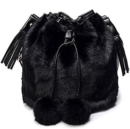 YBYT Women New Velvet Fur Leopard Satchels Party Evening Bag Ladies Handbag Shoulder Messenger Crossbody Bucket Purse (black)
