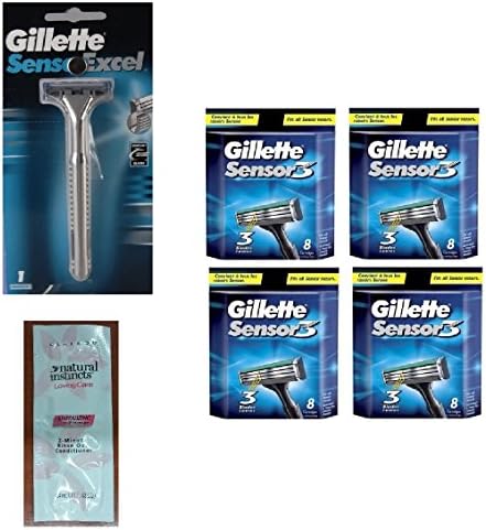 Sensor Excel Razor Handle w/ 1 Refill Blade (Packaging May Vary) + Sensor 3 Refill Razor Blade Cartridges 8 Ct. (Pack of 4) with FREE Loving Color trial size conditioner