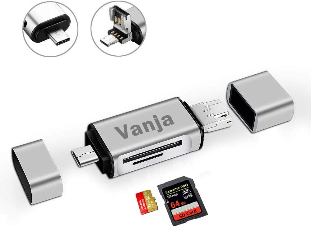 Vanja SD Card Reader USB Type C Micro USB OTG Adapter, USB 2.0 Portable Memory Card Reader for SDXC, SDHC, SD, MMC, RS-MMC, Micro SDXC, Micro SD, Micro SDHC Card